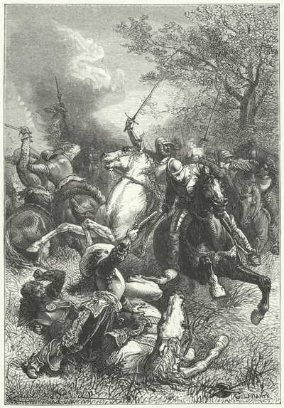 Cromwells Ironsides kjemper mot royalistisk kavaleri i den engelske borgerkrigen (gravering) av Emile Antoine (after) Bayard