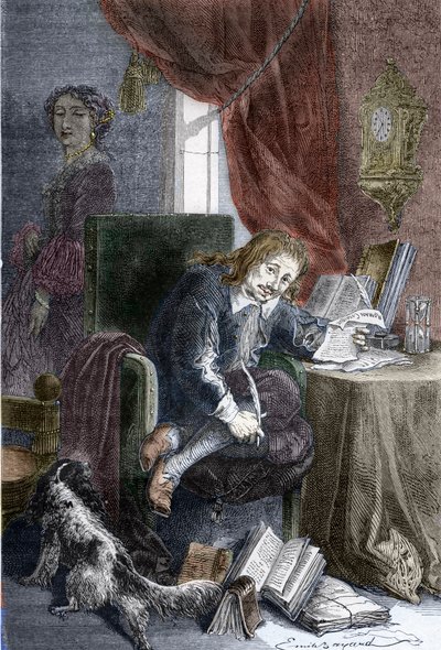 Portrett av den franske forfatteren Paul Scarron (1610-1660) forfatter av burleske komedier, han er representert på en ugyldig stol, hans kone Francoise d