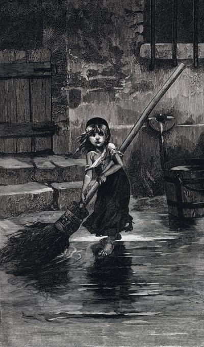 Scene fra Les Miserables, av Victor Hugo: Cosette sweeping (gravering) av Emile Antoine (after) Bayard