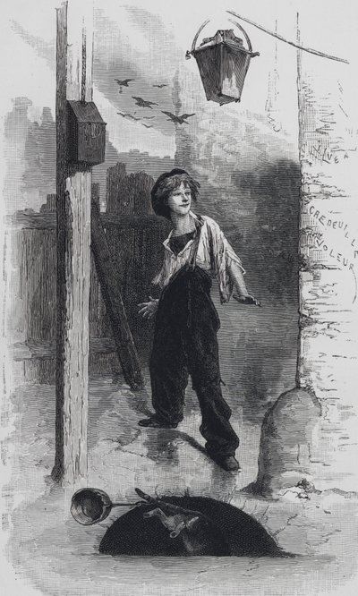 Scene fra Les Miserables, av Victor Hugo: Gavroche (gravering) av Emile Antoine (after) Bayard