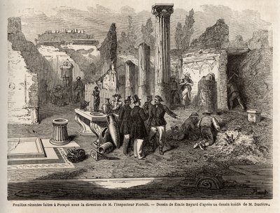 Utgravningen av Pompeii, under ledelse av inspektør Fiorelli, illustrasjon fra 'Pompei et les Pompeiens', av Edouard Charton av Emile Antoine (after) Bayard