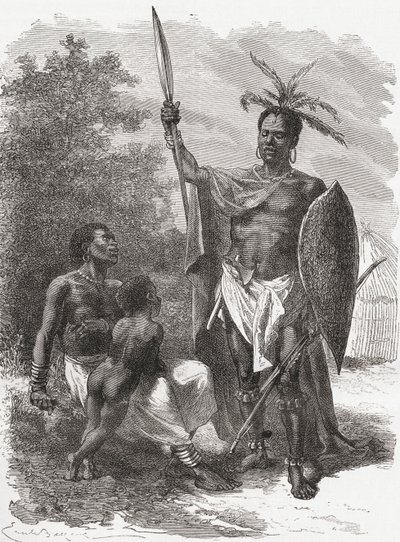 En innfødt i Ougogo, Sentral-Afrika, i krigsdrakt, illustrasjon fra 