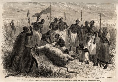 En trollmann engasjerer seg i magiske operasjoner på en slaktet storfekjøtt i Uganda, tegning av Emile Bayard (1837-1891), som illustrerer kaptein Spekes oppdagelsesreise i Afrika fra 1860 til 1863. Gravering i "" Le tour du monde"", redigert av Edouard Ch av Emile Antoine Bayard