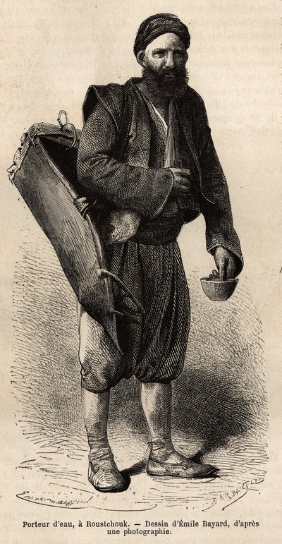 En vannbærer, omreisende kjøpmann som poserer med utstyret sitt, en slags tankboks og en beholder som brukes som mål og kopp, i Roustchouk (Romania), gravert etter tegningen av Emile Bayard, som illustrerer reisen til Bulgaria, av Guillaume Lejean, i av Emile Antoine Bayard