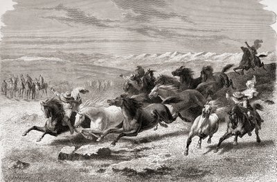 Argentinske gauchoer som samler ville hester, illustrasjon fra 