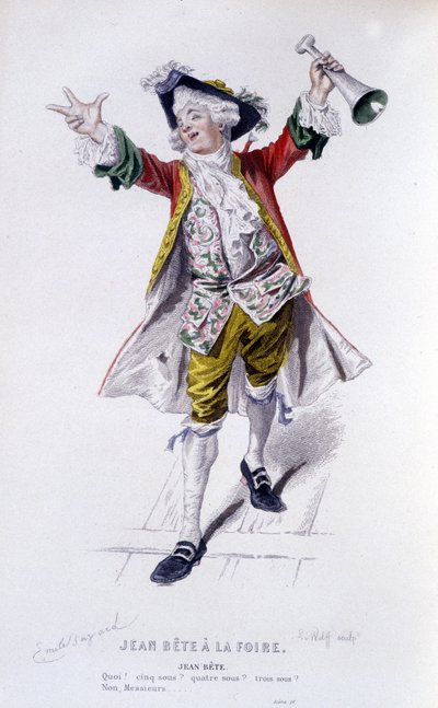 , Komplett verk av Beaumarchais (1732-1799) av Edouard Fournier. tegning av Emile Bayard. Ed. Laplace, Sanchez et Cie, Paris 1876. Dette er Jean Beast i "" Jean Beast at the Fair"" av Emile Antoine Bayard