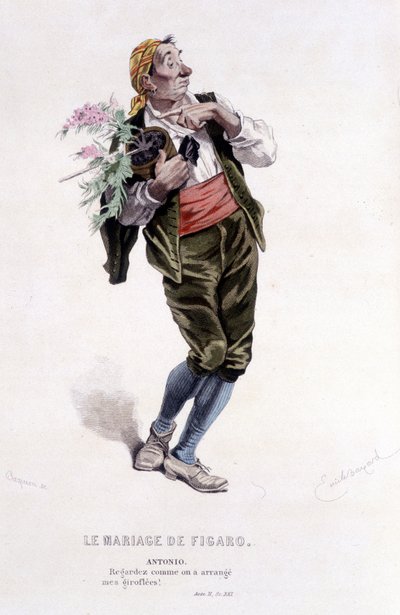 Komplett verk av Beaumarchais (1732-1799) av Edouard Fournier. tegning av Emile Bayard. Ed. Laplace, Sanchez et Cie, Paris 1876. Dette er Antonio i «Bryllupet til Figaro»» av Emile Antoine Bayard