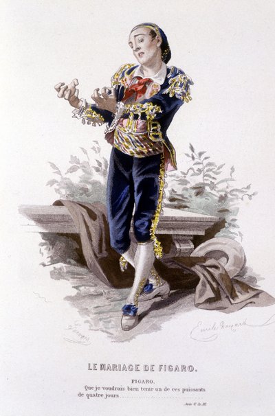 Komplett verk av Beaumarchais (1732-1799) av Edouard Fournier. tegning av Emile Bayard. Ed. Laplace, Sanchez et Cie, Paris 1876. Dette er Figaro i "Figaros bryllup"" av Emile Antoine Bayard