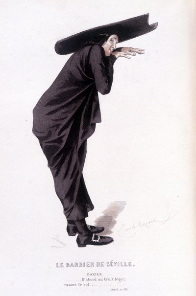 Komplett verk av Beaumarchais (1732-1799) av Edouard Fournier. tegning av Emile Bayard. Ed. Laplace, Sanchez et Cie, Paris 1876. Dette er Bazile i «Barberen i Sevilla» av Emile Antoine Bayard