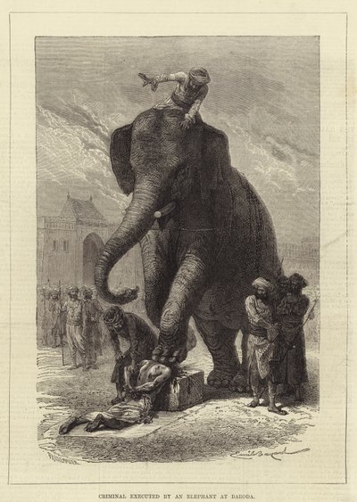 Forbryter henrettet av en elefant ved Baroda av Emile Antoine Bayard
