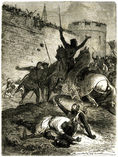 Korstog mot Albigeois - Siege of Toulouse, 25. juni 1218. Simon de Montforts bror har nettopp blitt skadet av en pil, Simon de Montfort skal selv bli drept av en ball med katapultkast, sies det, av en av kvinnene av Toulouse som er av Emile Antoine Bayard