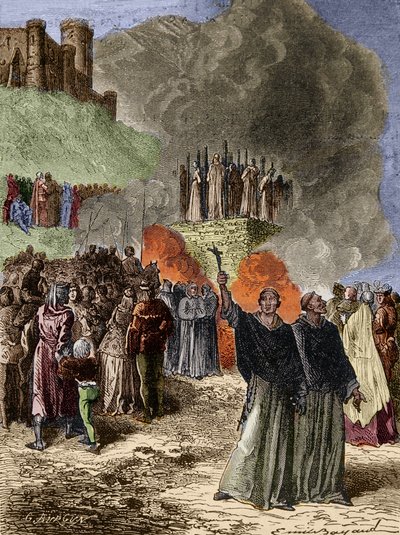 Crusade against the Albigeois - The last defenseurs of Montsegur (Cathare) burned on the butcher in 1244 - Engraving by Emile Bayard after G. Burgun av Emile Antoine Bayard