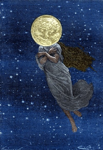 Gravering (av Emile Bayard) av Jules Vernes bok “” Around the Moon”” (Hetzel edition/Voyages extraordinaire 1870): Beskrivelse av månen tegnet med en ung kvinnes kropp (tekst av J. Verne): “”... utstoppet overflate, sprukket, en ekte skimmer, verdig u av Emile Antoine Bayard