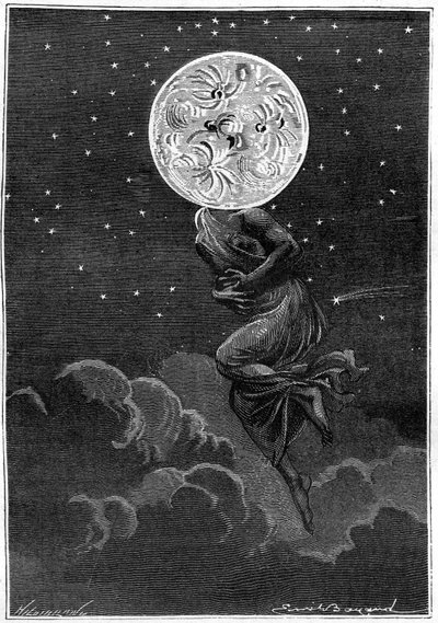 Gravering (av Emile Bayard) av Jules Vernes bok Around the Moon (Hetzel edition/Voyages extraordinaire 1870): "" månen personifisert med en ung kvinnes kropp ... lider av kolikk! «» av Emile Antoine Bayard