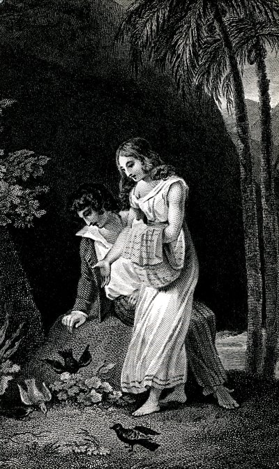 Gravering som illustrerer en utgave fra slutten av 1800-tallet av romanen av Jacques-Henri Bernardin de Saint Pierre (Jacques Henri Bernardin de Saint-Pierre): Paul et Virginie. Fugler kommer til land uten frykt nær det unge paret av elskere i skogen. Tegn av Emile Antoine Bayard