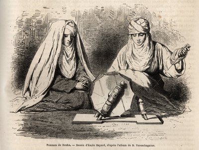 Femmes de Boukhara (Usbekistan), som arbeider med arbeidet sitt å spinne, gravering etter en tegning av Emile Bayard, for å illustrere Basile Vereschaguines reise inn i Sentral-Asia i 1867-1868, publisert i "" Le tour du monde"" 1873, redigert av Edouard C av Emile Antoine Bayard