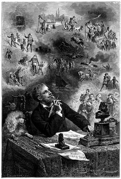 Frontispice av Emile Bayard for Hetzel 1880-utgaven av Hector Malots roman "" Sans Famille "": Forfatteren ved arbeidsbordet hans forestiller seg karakterene hans og innslaget i boken hans - Remi og medlemmene av troppen til Monsieur Vitalis, reisekunstner av Emile Antoine Bayard