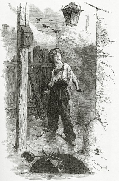 Gavroche, 1800-tallet (bw-gravering) av Emile Antoine Bayard