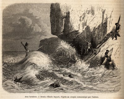 Hawaiian Games, ved stupet av Mokapuu, på øya Oahu, distraherte innbyggerne seg ved å øve på favorittspillet sitt: surfing, gravering etter Emile Bayards tegning, illustrerer reisen til Sandwichøyene, i 1855-1869, av av Emile Antoine Bayard