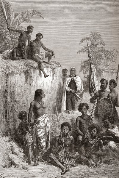 Hawaii-kongen Kamehameha I og hans krigere, illustrasjon fra 