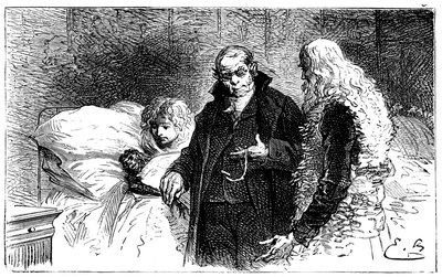 Illustrasjon av Emile Bayard for Hector Malots roman "" Sans Famille "": Joli-Coeur (pent hjerte), den syke forskerapen blir undersøkt av en lege (auskult av en lege som tar kyllingen fra ham) i nærvær av Remi og Monsieur Vitalis - Hetze av Emile Antoine Bayard