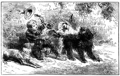 Illustrasjon av Emile Bayard for Hector Malots roman “” Sans Famille “”: Remi leker med vennene sine, de lærde dyrene til troppen til Monsieur Vitalis, omreisende kunstner – Joli-Coeur (pent hjerte), apen og de tre hundene Capi, Zerbino og Dol av Emile Antoine Bayard