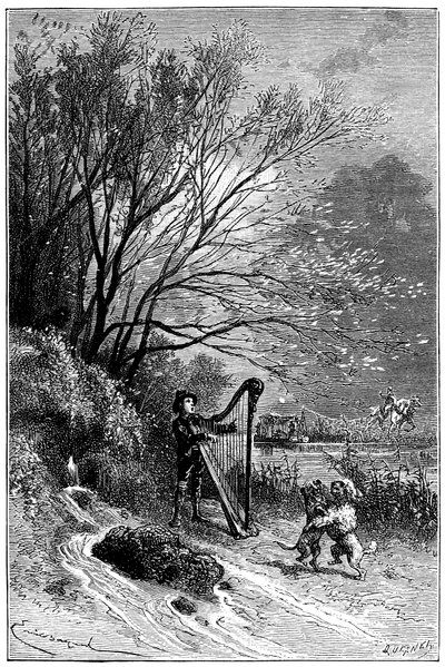 Illustrasjon av Emile Bayard for Hector Malots roman "" Sans Famille ": Remi synger med harpen mens vennene hans danser, de lærde dyrene til troppen til Monsieur Vitalis, omreisende artist - de to hundene Capi og Dolce - gatemusiker, saltibank av Emile Antoine Bayard
