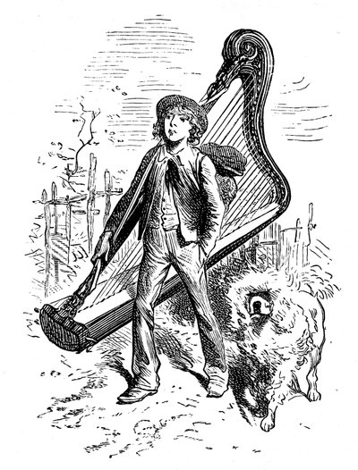 Illustrasjon av Emile Bayard for Hector Malots roman "" Sans Famille ": Remi med sin venn hunden Capi og harpen hans - Edition Hetzel 1880 - av Emile Antoine Bayard