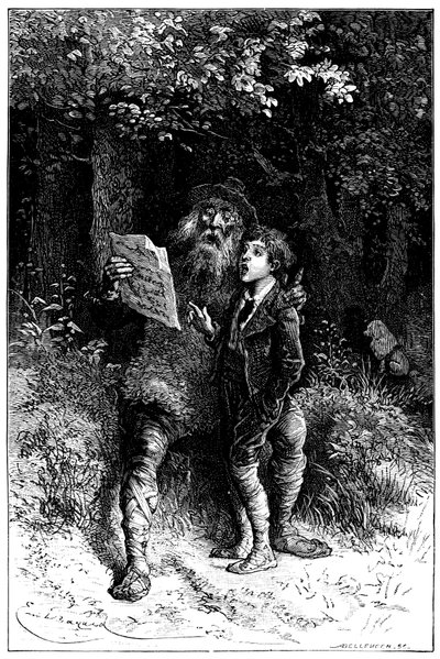 Illustrasjon av Emile Bayard for romanen av Hector Malot “” Sans Famille “”: Remi synger med Monsieur Vitalis, omreisende artist - gatemusiker, saltimbank - Edition Hetzel 1880 - av Emile Antoine Bayard
