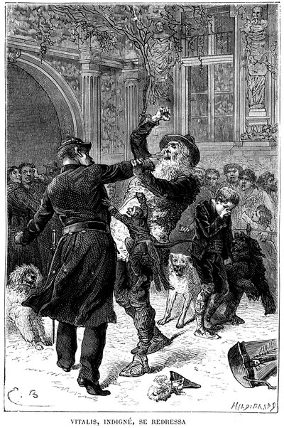 Illustrasjon av Emile Bayard for Hector Malots roman "" Sans Famille ": i Toulouse blir Monsieur Vitalis, uverdig, arrestert av en politimann foran Remi og vennene hans, de lærde dyrene i troppen: Joli-Coeur (pent hjerte ), apen en av Emile Antoine Bayard