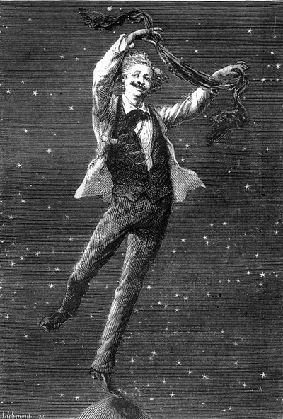 Illustrasjon av Jules Vernes roman «Around the Moon», tegning av Emile Bayard, Hetzel edition/Voyages extraordinaire 1870. Denne illustrasjonen fremhever inspirasjonsforholdet mellom de to romanene «lunar»» av Jules Verne og de to albumene av T. av Emile Antoine Bayard