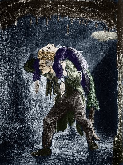 Jean Valjean, Marius såret på ryggen, på flukt i vannet i Paris Illustrasjon av romanen «Les Miserables»» av Victor Hugo (1802-1885) Illustrasjon av Emile Bayard - (Jean Valjean tar med Marius på ryggen, gjennom kloakken til Paris) Gravering Pr av Emile Antoine Bayard