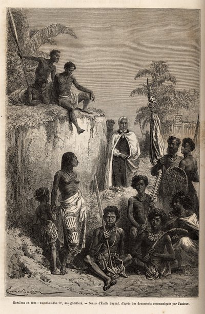 Kamehameha I (ca. 1758-1819), konge av Hawaii-øyene og grunnlegger av deres enhet, omringet hawaiiske krigere og noen undersåtter i Honolulu, gravert etter tegningen av Emile Bayard, som illustrerer reisen til Sandwichøyene, i 1855-69 , av C av Emile Antoine Bayard