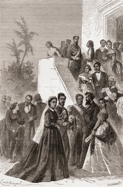 Kamehameha V, sentrum, med sin familie, illustrasjon fra 