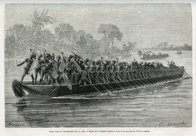 Stor kano av Arouhouimi, lastet med 40 stående padlere og tjue krigere i våpen, på Livingstone-elven (Kongo), tegnet av Emile Bayard, for å illustrere historien "Gjennom det mystiske kontinentet", en reise foretatt mellom 1874-1877, av Sir H.M. av Emile Antoine Bayard
