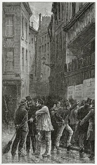 Les Affiches - illustrasjon fra A Crime Story, 1800-tallet (bw-gravering) av Emile Antoine Bayard
