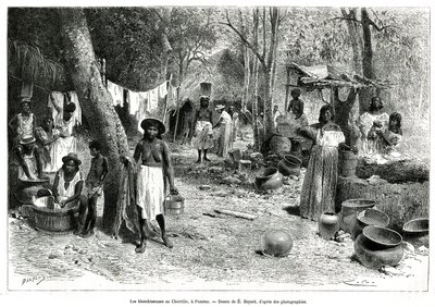 Les blanchisseuses au Chorillo, Panama, gravering etter en tegning av E.Bayard, for å illustrere historien Exploration at the isthms of Panama and Darien, av A. Reclus, skipsløytnant, fra 1876 til 1878, publisert i tour du monde, under ledelse av Emile Antoine Bayard