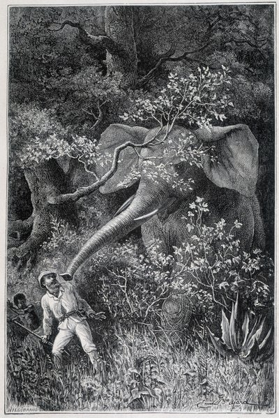 Livingstone overrasket av en elefant i "Le Tour du Monde" av Emile Antoine Bayard