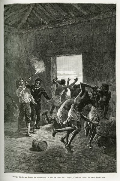 Major Serpa Pinto skjøt mot landsbyhøvdingen eller stoppet fordi han krevde enda mer konjakk i bytte for gjestfriheten. Gravering av Emile Bayard, for å illustrere historien om hvordan jeg har krysset Afrika, fra Atlanterhavet til Det indiske hav, av Majo av Emile Antoine Bayard