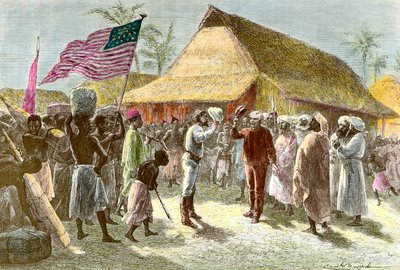 Møte i Ujiji ved bredden av Tanganyikasjøen mellom Henry Morton, en eksploder og journalist fra Wales (1841-1904) og David Livingstone, en skotsk misjonærfarer på det afrikanske kontinentet (1813-1873), 10. november av Emile Antoine Bayard