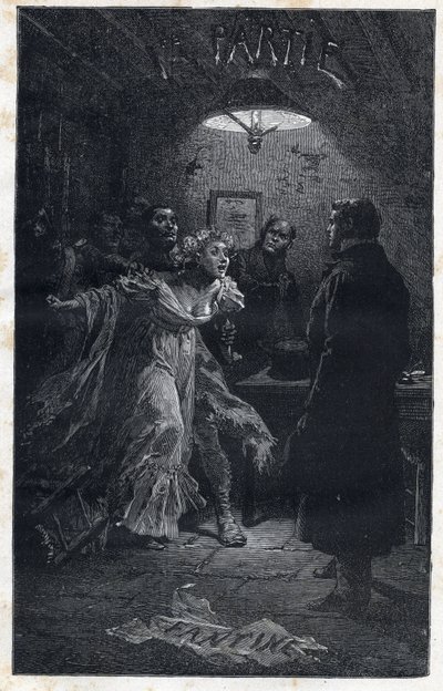 Monsieur Madeleine kommer Fantine til unnsetning da han ble arrestert av Javert - Illustrasjon av Emile Bayard (1837-1891) for "" Les miserables - Premiere partie: Fantine" av Victor Hugo (1802-1885) 1862 av Emile Antoine Bayard