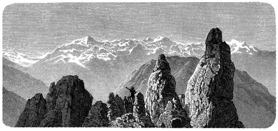 Fjelltopp kalt Pierre a Voir nær badene i Saxon i Valais, sveitsiske alper. Illustrasjon av Emile Bayard for Albert Dupaignes bok «Les Montagnes», utgave Mame 1881. av Emile Antoine Bayard