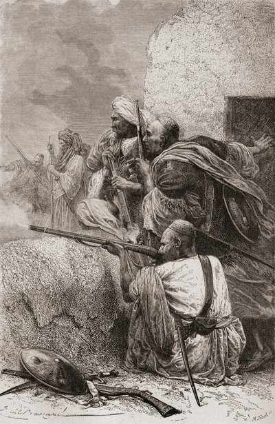 Nord-afghanske opprørere som kjemper mot britene i fjellene i Hazara, Pakistan, under britisk styre, 1878 av Emile Antoine Bayard