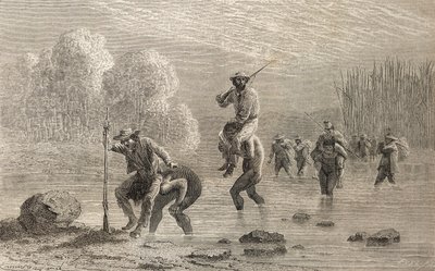 Paul Marcoy og hans ekspedisjon ble båret over en sump i Argentina av Chuncho-indianere i 1874, illustrasjon fra 