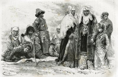 Fattige og rike kirgisiske kvinner. Gravering av Emile Bayard, for å illustrere reiseinntrykk fra Orenburg til Samarkand, av Marie de Ujfalvy-Bourdon, mellom 1876 og 1878, i Tour du monde, regissert av Edouard Charton av Emile Antoine Bayard