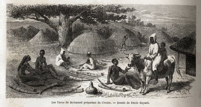 Forberedelse av elfenben, for en tyrkisk handelsmann, Uganda, tegning av Emile Bayard (1837-1891), som illustrerer kaptein Spekes oppdagelsesreise i Afrika fra 1860 til 1863. Gravering i “” Le tour du monde””, redigert av Edouard Charton av Emile Antoine Bayard
