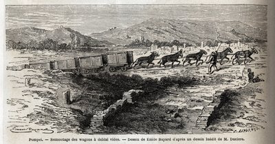Gjenmontering av tomme vogner under utgravningene i 1864 ved Pompei, tegning av Emile Bayard (1837-1891), for å illustrere Marc Monniers tekst (1829-1885) "" Pompei og Pompeierne"". Gravering i "" Le tour du monde"", redigert av Edouard Charton av Emile Antoine Bayard