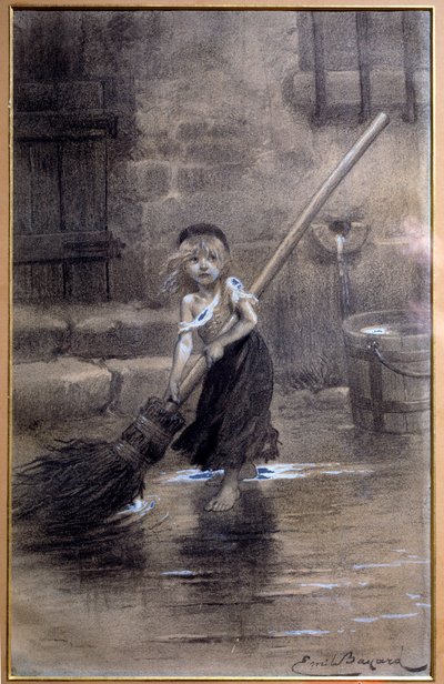 Representasjon av Cosette, feiende barbeint. Illustrasjon for «The Miserables» av Victor Hugo (1802-1885) av Emile Bayard (1837-1891) 1800-tallet. Paris, Maison Victor Hugo av Emile Antoine Bayard