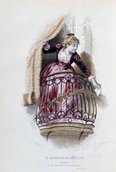Rosine i "Barberen i Sevilla" av Pierre Augustin Caron de Beaumarchais (1732-1799), tegninger av Emile Bayard (1837-1891) av Emile Antoine Bayard