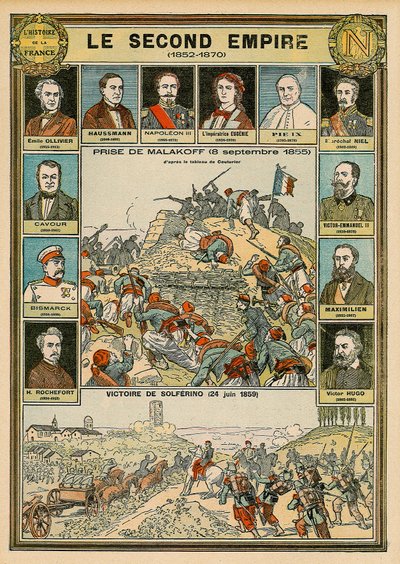 Andre imperium 1852 til 1870 - fangst av Malakoff 8. september 1855 - seier av Solferino 24. juni 1859 - Emile Ollivier, Baron Haussmann, Napoleon III, Imperator Eugenia, Pave Pius 9, Marechal Niel, Victor Emmanuel (Victor II Emanuel) o av Emile Antoine Bayard